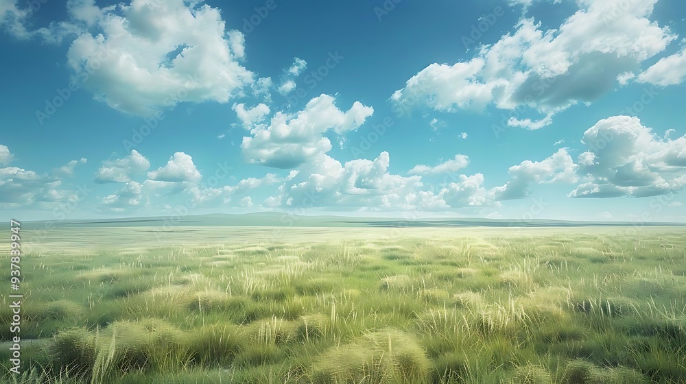 Obraz premium A serene landscape featuring vast grasslands under a bright blue sky with fluffy clouds.