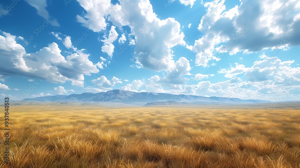 A serene landscape featuring golden grasslands under a bright blue sky with fluffy clouds and distant mountains. A serene landscape featuring golden grasslands under a bright blue sky with fluffy clouds and distant mountains.