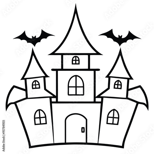 Spooky Halloween Haunted House Vector Line Art Illustration.