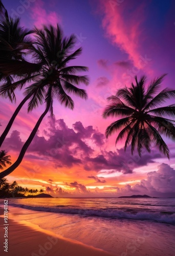 stunning tropical beach scene featuring vibrant sunset colors brilliant hues purple reflecting calm waters, ocean, horizon, sky, reflection, orange, pink