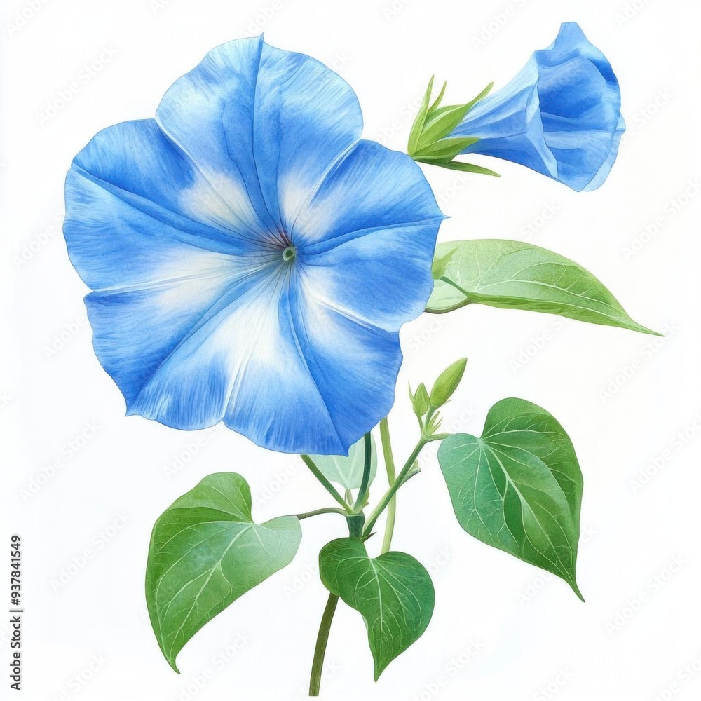 Fototapeta premium Morning Glory with artistic border, brushstroke effect, isolated on white background, watercolor on white background, no blur, photo not dark, everything is clear, copy space