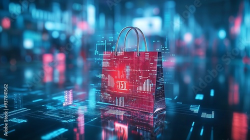 Image of financial data processing over shopping bag Global shopping business finance computing and data processing concept digitally generated image : Generative AI photo