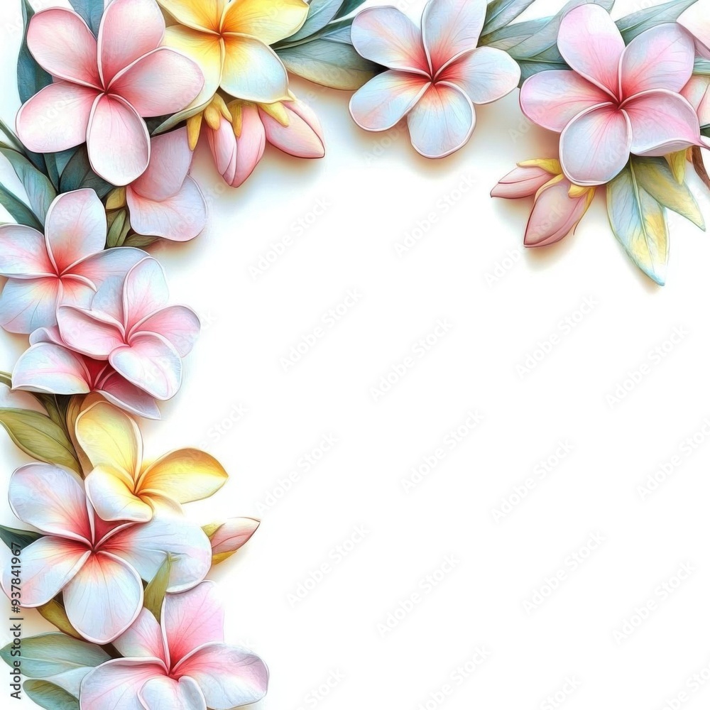 Naklejka premium Plumeria with soft border, pastel colors, isolated on white background, watercolor on white background, no blur, photo not dark, everything is clear, copy space