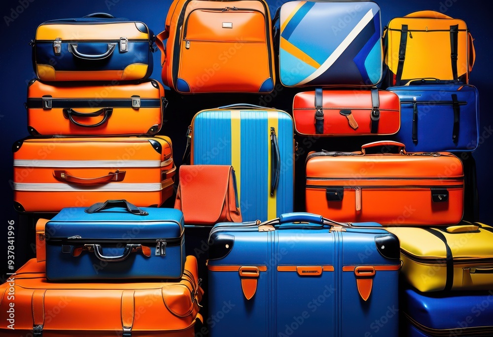 Fototapeta premium vibrant luggage travel accessories displayed dynamic backdrop featuring bold colors energetic patterns, bags, backpacks, baggage, cases, chic, colorful
