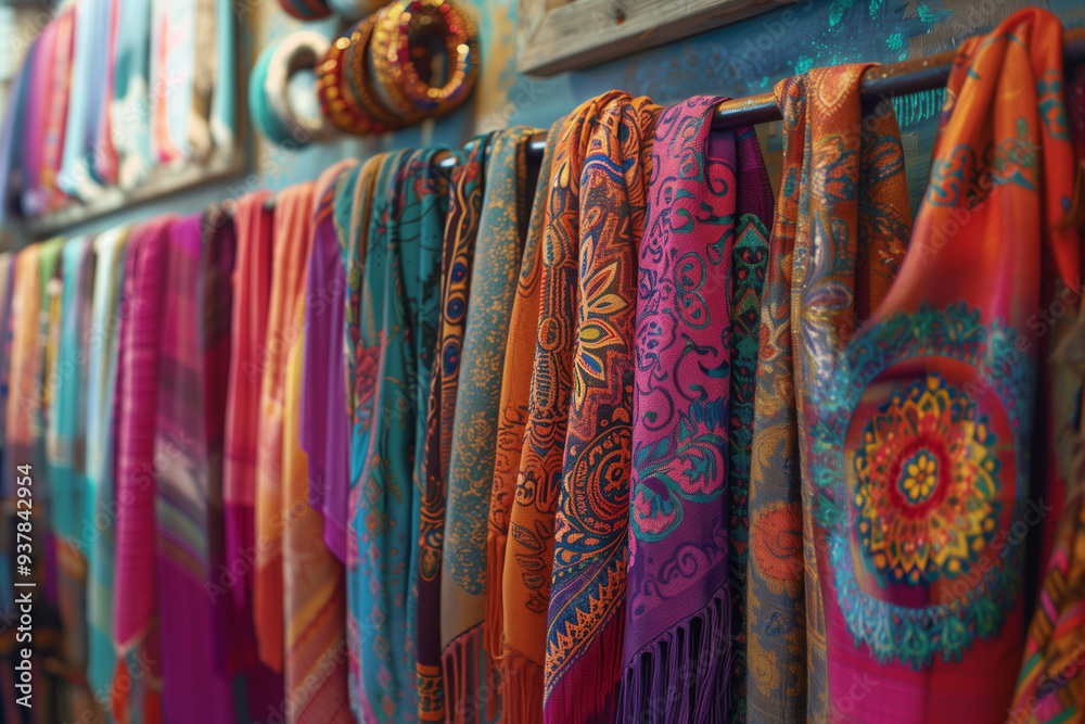 Boho-style shop with shawls and bracelets. Rich and opulent colorful scarves hanging on a rail. Elegant fashion and eastern-inspired textiles. Boho-style shop with shawls and bracelets. Rich and opulent colorful scarves hanging on a rail. Elegant fashion and eastern-inspired textiles.