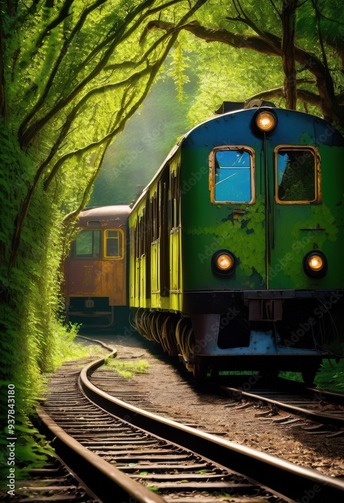 Obraz premium vibrant vegetation surrounds abandoned train tracks creating lush overgrown landscape, nature, greenery, plants, foliage, rust, rails, corridor, path