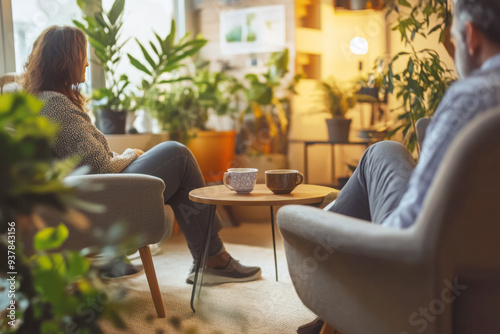 Two people sitting in a cozy living room with coffee mugs on a table, surrounded by plants and warm lighting