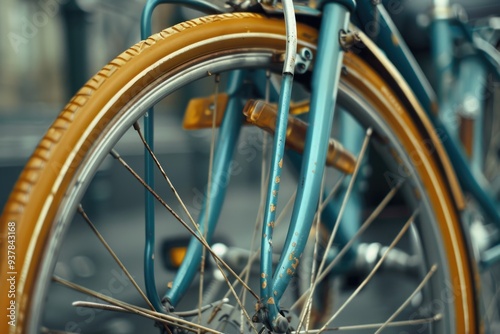 A detailed view of a blue bicycle with a yellow tire, great for representing cycling or transportation themes