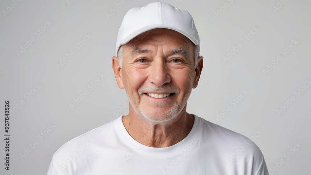 Senior man wearing white t-shirt and white baseball cap isolated on grey background Senior man wearing white t-shirt and white baseball cap isolated on grey background