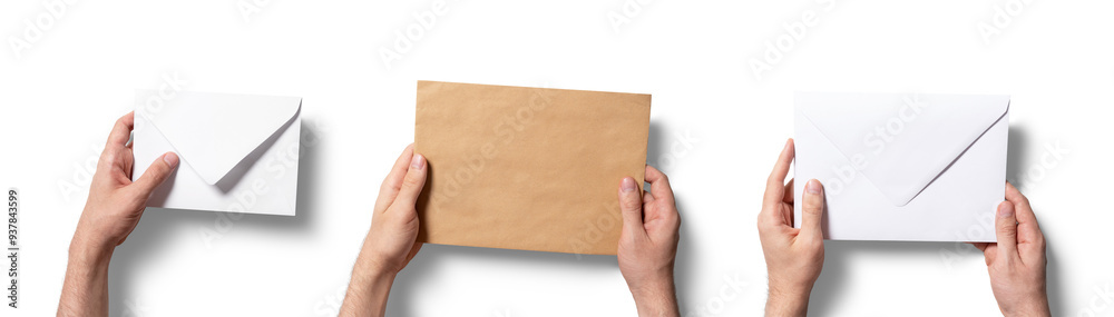 Obraz premium Hands present multiple envelopes in distinct styles, showcasing a white envelope, a brown envelope, and a larger envelope, highlighting variety in design and texture