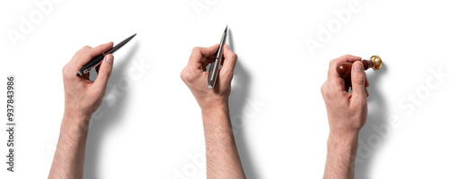 Three hands are shown holding a different writing instrument each, including a fountain pen, a ballpoint pen, and a wax seal stamp, inviting creativity and communication photo