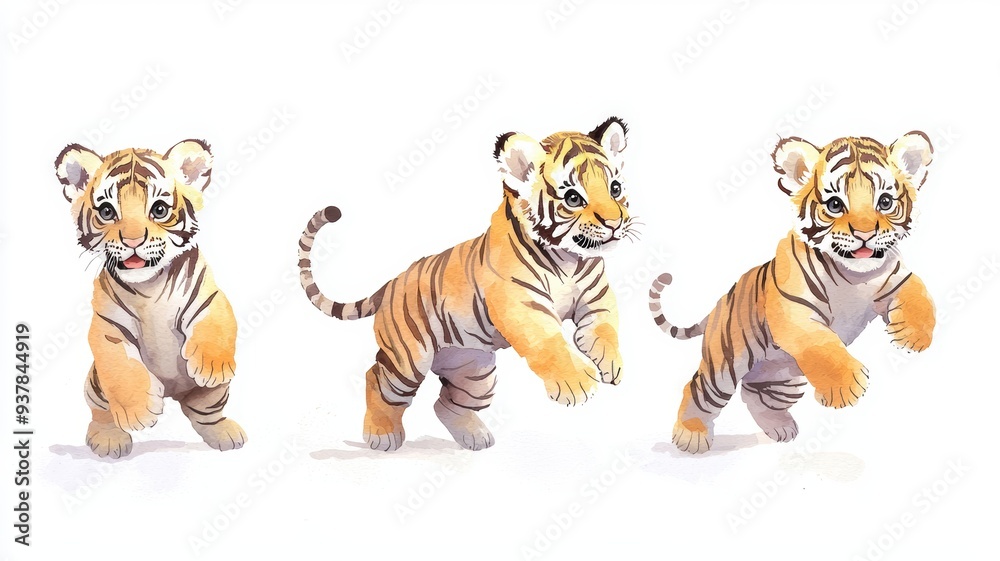 Obraz premium Set of baby tigers, striped fur, pouncing playfully, isolated, white background, Watercolor style