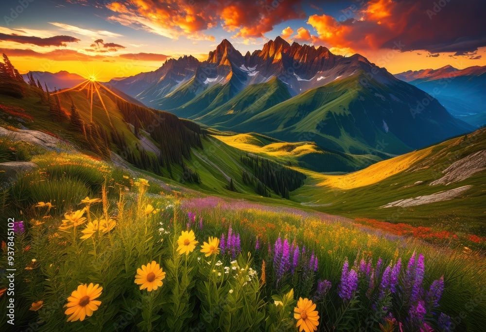 Fototapeta premium vibrant landscapes showcasing adventure lush majestic expansive skies full colorful horizons, nature, scenery, mountain, sky, greenery, valley
