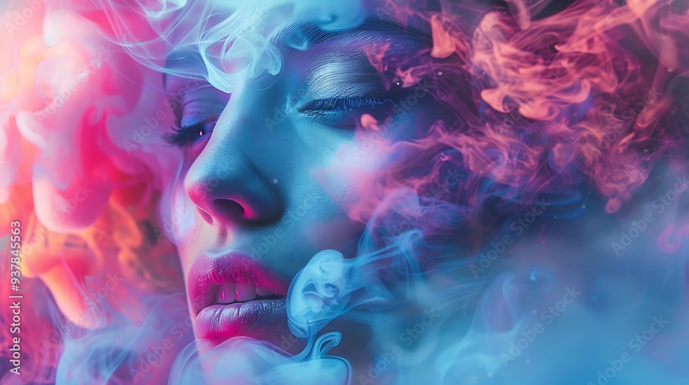portrait of a woman's face surrounded by swirling blue and pink smoke, creating an abstract and dreamy atmosphere. portrait of a woman's face surrounded by swirling blue and pink smoke, creating an abstract and dreamy atmosphere.