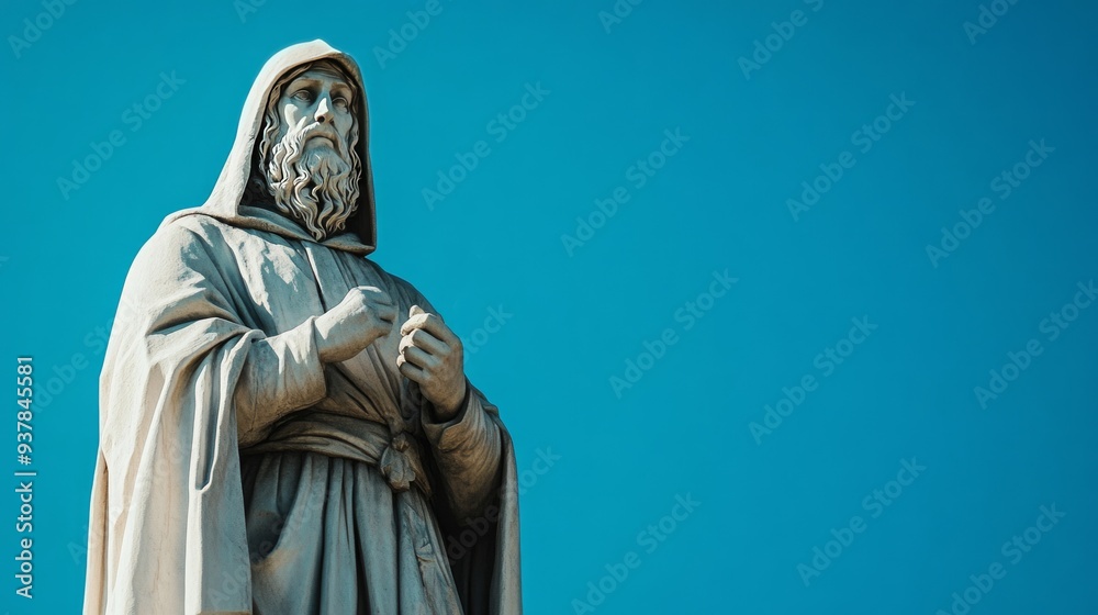 Fototapeta premium Ancient Hooded Sage Marble Statue Pointing to the Sky Depicting Wisdom and Knowledge Under Blue Skies