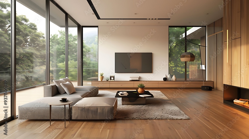 modern living room with a minimalist design, featuring a large sectional sofa, a coffee table, and a fireplace. The room is bathed in natural light from the expansive windows offer views. modern living room with a minimalist design, featuring a large sectional sofa, a coffee table, and a fireplace. The room is bathed in natural light from the expansive windows offer views.