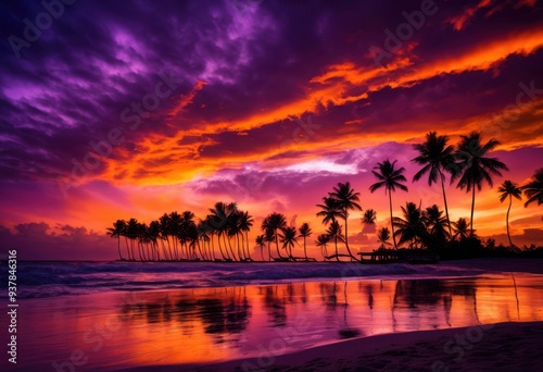 vibrant palm silhouettes striking sunset rich colors dramatic sky, contrast, horizon, nature, evening, dusk, light, clouds, landscape, scenery, view