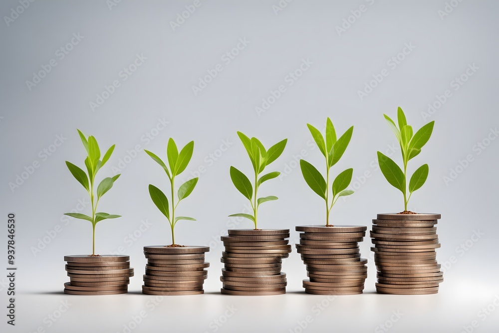 A stack of coins with seedlings growing at different angles symbolizing the unpredictability, AI Generated A stack of coins with seedlings growing at different angles symbolizing the unpredictability, AI Generated