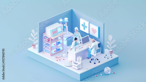 Isometric online medical consultation health care in paper cut style,stockphoto style