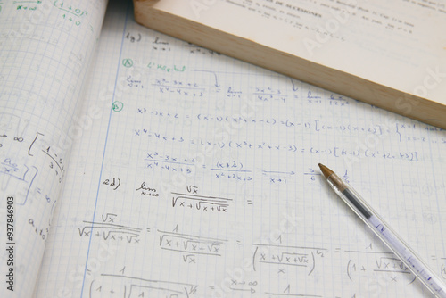 Close-up of advanced math homework next to a student's pen and book