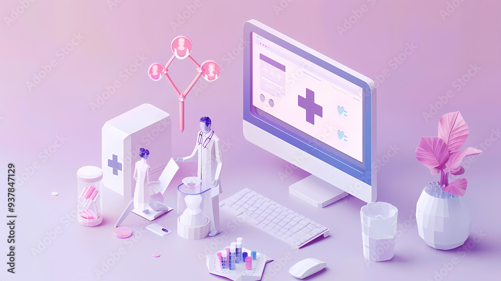 Isometric online medical consultation health care in paper cut style,stockphoto style Isometric online medical consultation health care in paper cut style,stockphoto style