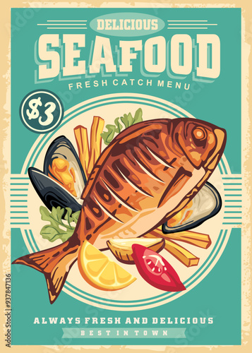 Seafood restaurant menu poster with delicious grilled fish and mussels. Food menu vector illustration.