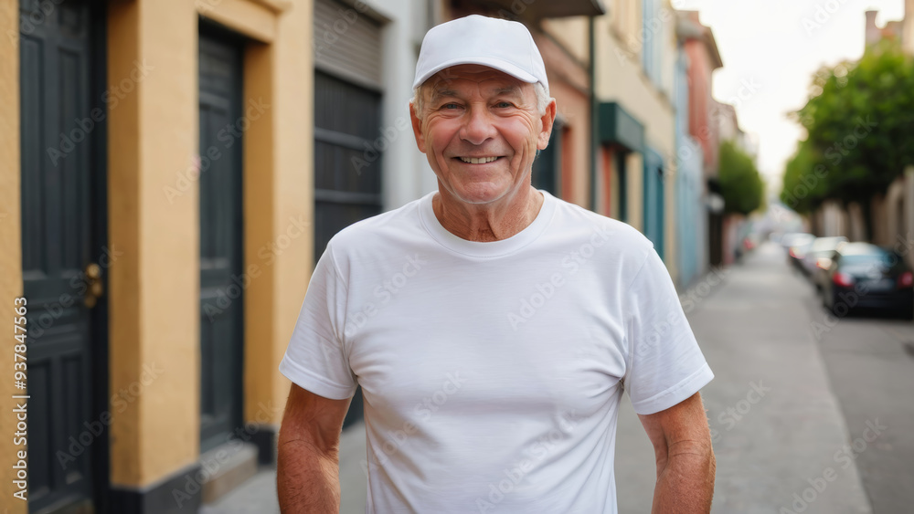 Senior man wearing white t-shirt and white baseball cap standing in a city alley Senior man wearing white t-shirt and white baseball cap standing in a city alley