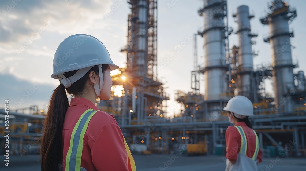 Two Asian female engineer with white safety helmet standing front of oil refinery Industry zone gas petrochemical Factory oil storage tank and pipeline Workers work in the refinery con : Generative AI Two Asian female engineer with white safety helmet standing front of oil refinery Industry zone gas petrochemical Factory oil storage tank and pipeline Workers work in the refinery con : Generative AI