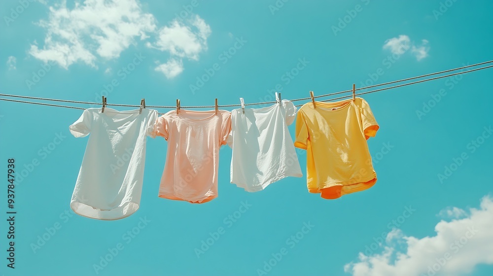 Clothes hanging laundry on washing line for drying against blue sky outdoor : Generative AI Clothes hanging laundry on washing line for drying against blue sky outdoor : Generative AI