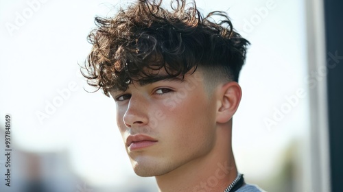 A fade haircut with curls left longer on top, creating a fashionable and textured look