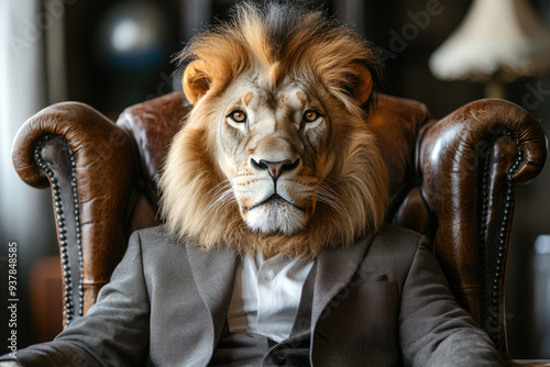 An anthropomorphic lion clad in a formal suit sitting regally in a leather chair, exuding authority and power. photo