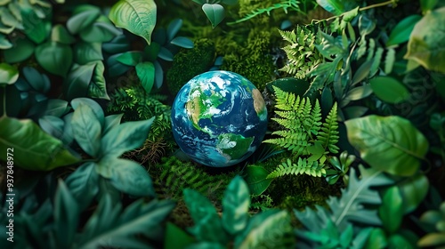 Fototapeta Naklejka Na Ścianę i Meble -  Close-up shot of a globe surrounded by lush green foliage for representing Earth's beauty nature preservation environmental protection and global sustainability concept.