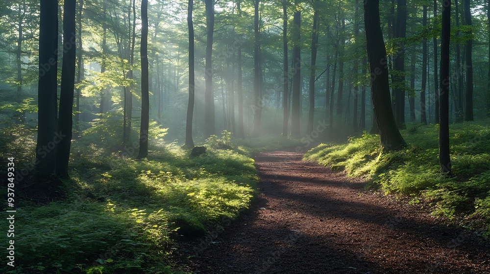 Fototapeta premium Hiking trail through natural green beech forest in the morning light the sun shines through the morning mist Ziegeroda Forest SaxonyAnhalt Germany Europe : Generative AI