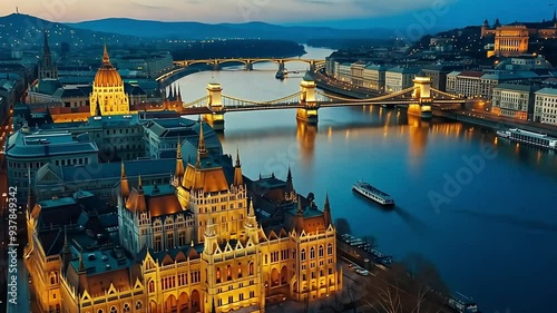 aerial view of beautiful St. Stephen's Basilica overlooking the Danube River with Chain Bridge, Budapest, Hungary photo