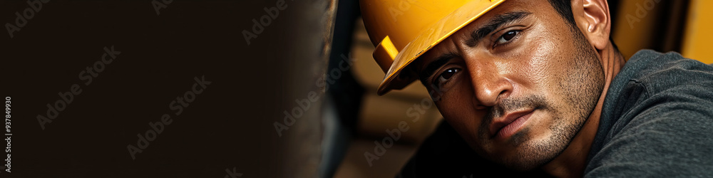 Hispanic male construction worker with a hardhat, leaning on a construction vehicle Hispanic male construction worker with a hardhat, leaning on a construction vehicle