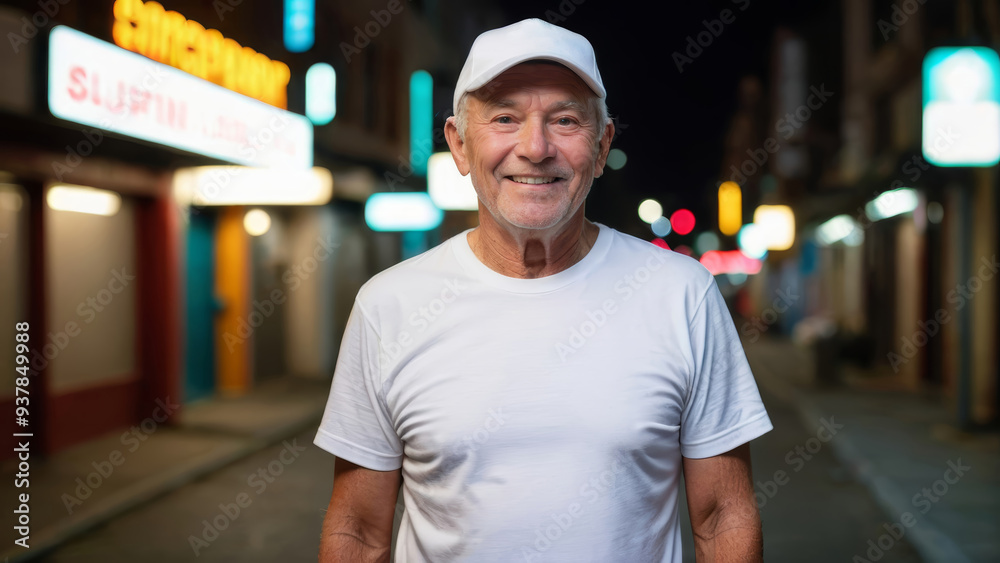 Senior man wearing white t-shirt and white baseball cap standing in a city alley at night Senior man wearing white t-shirt and white baseball cap standing in a city alley at night