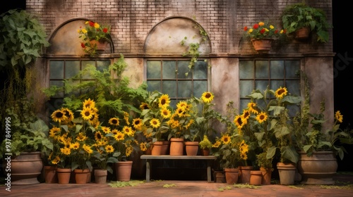 Many sunflowers on backyard of residential brick house. Neural network ai generated art