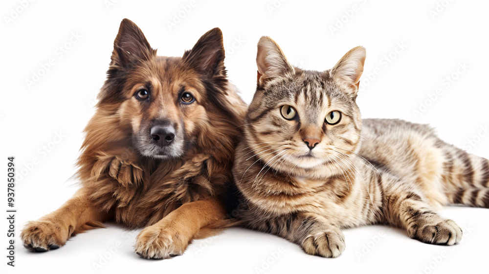 Portrait of a dog and a cat on a white background, isolated in a studio setting, representing domestic pets and friendship Portrait of a dog and a cat on a white background, isolated in a studio setting, representing domestic pets and friendship