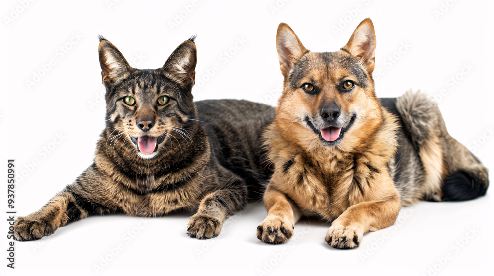 Portrait of a dog and a cat on a white background, isolated in a studio setting, representing domestic pets and friendship Portrait of a dog and a cat on a white background, isolated in a studio setting, representing domestic pets and friendship