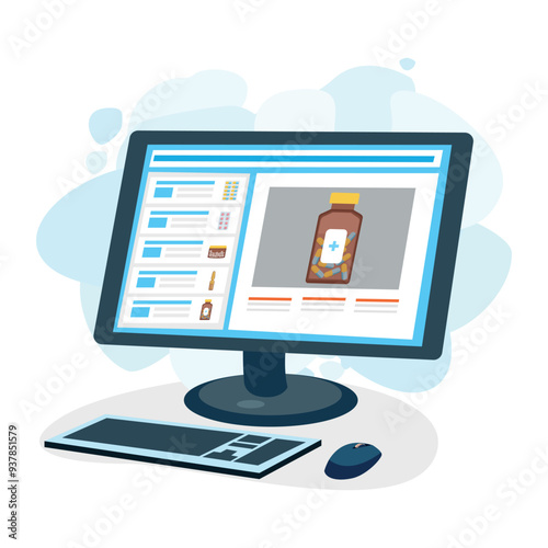 Online pharmacy page is opened on a computer monitor. Health and medicine. Ordering medicines via an online application on a smartphone, tablet or computer. Medicine at home. Vector illustration