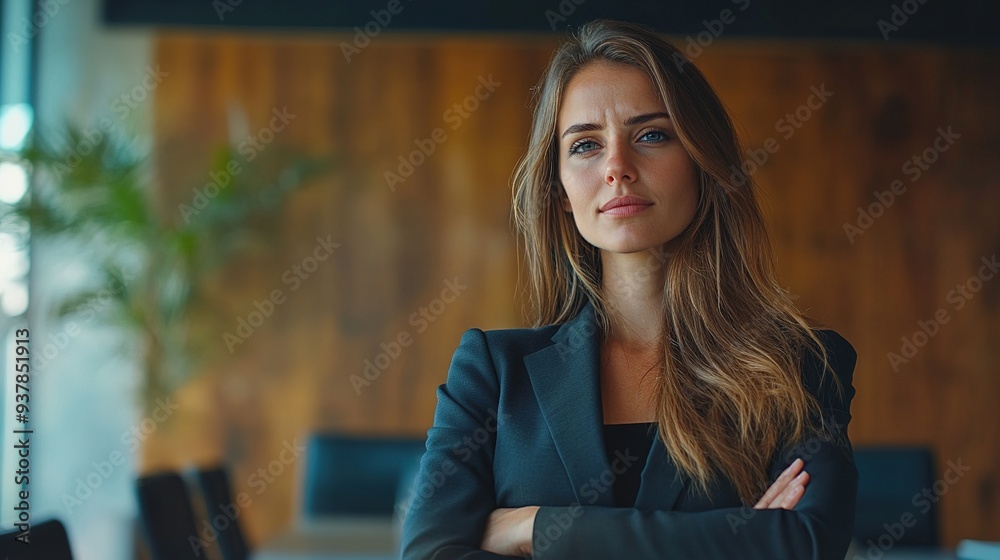 Businesswoman standing in a modern boardroom, preparing for a presentation, focusing on leadership and confidence Businesswoman standing in a modern boardroom, preparing for a presentation, focusing on leadership and confidence