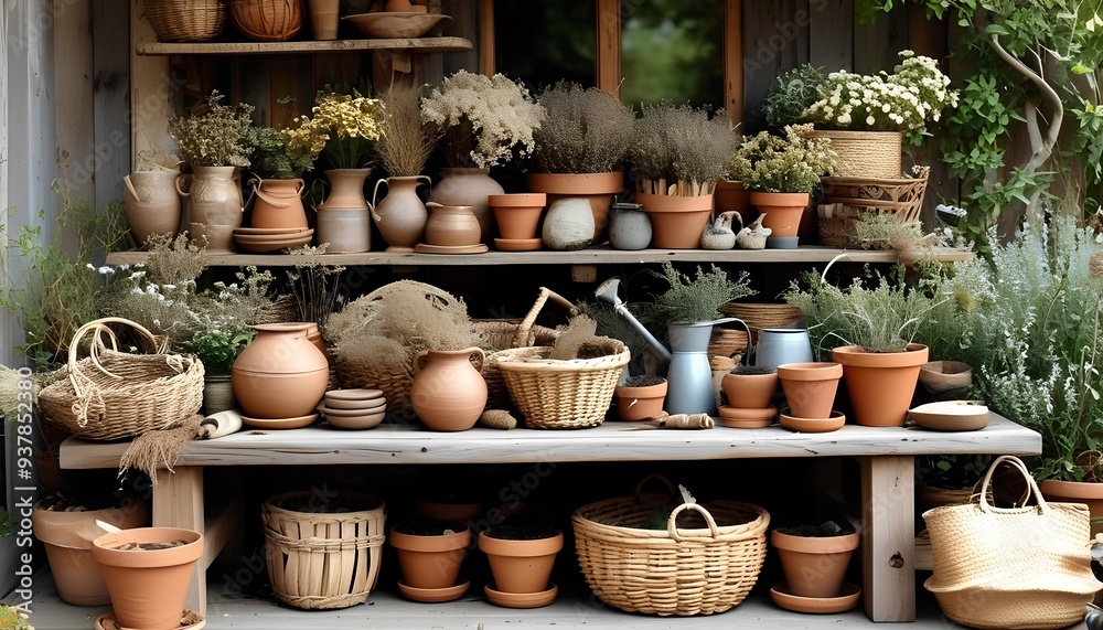 A rustic wooden shelf overflowing with terracotta pots, wicker baskets, and lush green plants. Some pots are empty, while others are filled with soil or thriving greenery. A rustic wooden shelf overflowing with terracotta pots, wicker baskets, and lush green plants. Some pots are empty, while others are filled with soil or thriving greenery.