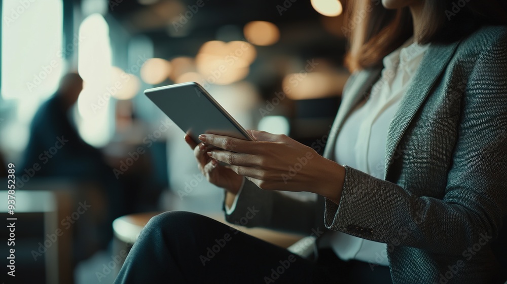 Businesswoman using a digital tablet during a team meeting, focusing on technology and collaboration Businesswoman using a digital tablet during a team meeting, focusing on technology and collaboration
