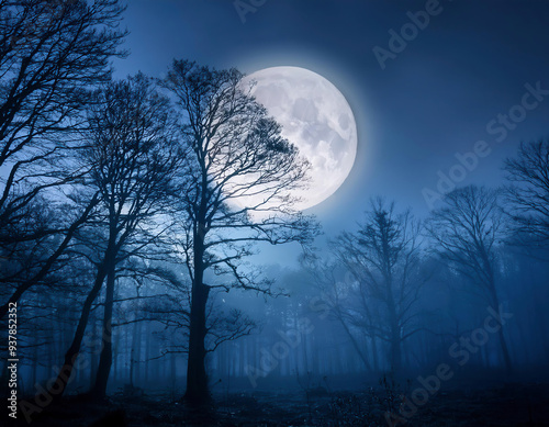 Full moon over the forest at night. Halloween concept