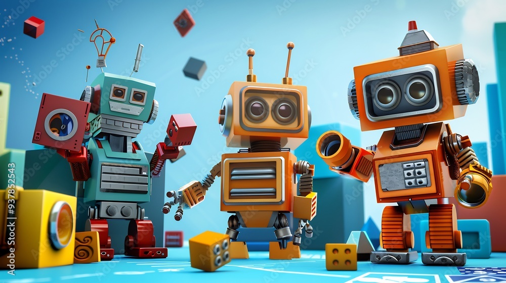 Fototapeta premium A group of charming robots on a blue background