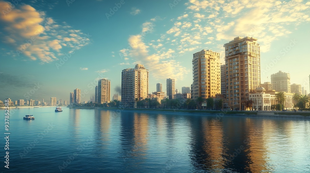 Fototapeta premium The Great Nile river and the banks of Cairo with fashionable buildings Egypt : Generative AI