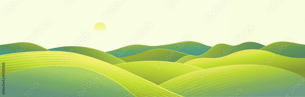 Hilly landscape, with green hills a panoramic format of. Vector illustration. Hilly landscape, with green hills a panoramic format of. Vector illustration.