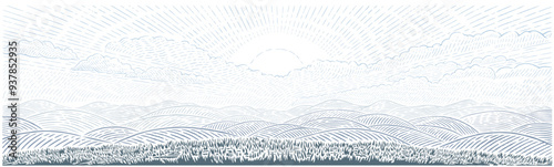 Rural hilly landscape panoramic format with dawn sun and hills and mountain ridge, drawing in graphic style, monochrome. Vector illustration.