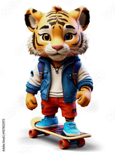 Little tiger on skateboard, 3D style, transparent background.