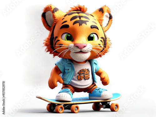 Little tiger on skateboard, transparent background